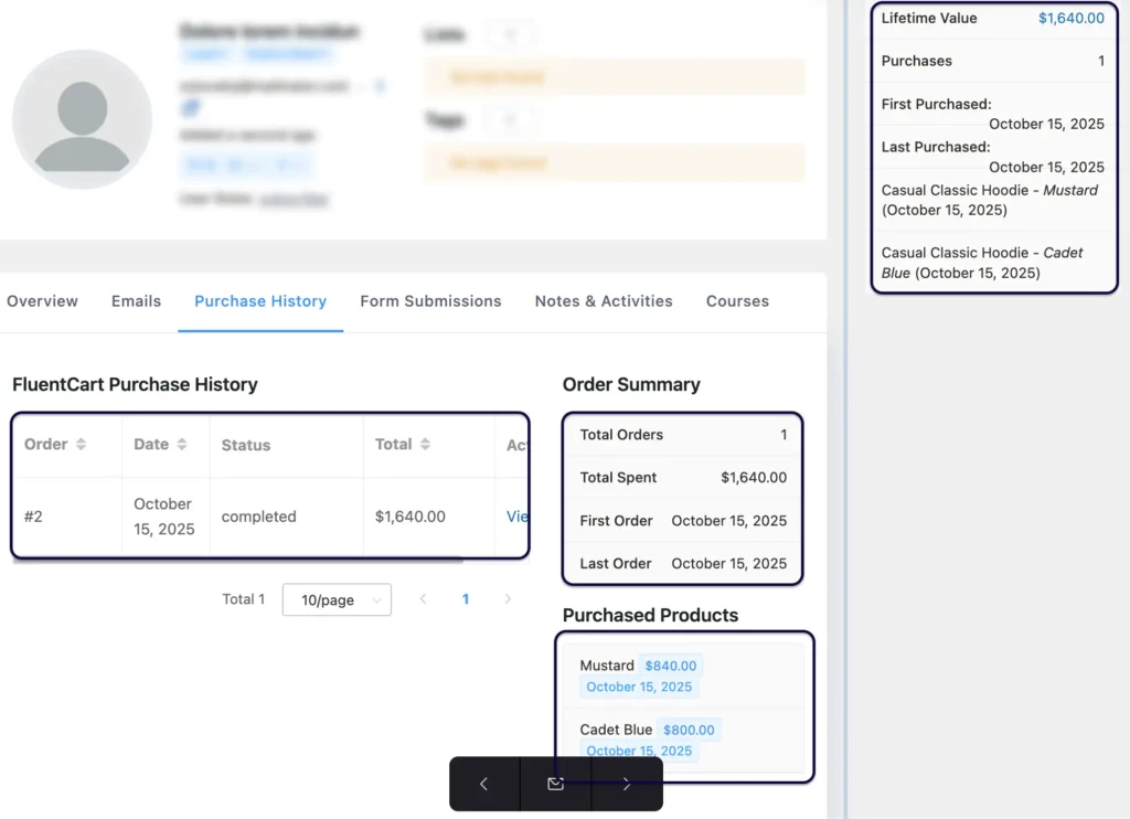 fluentcart purchase history